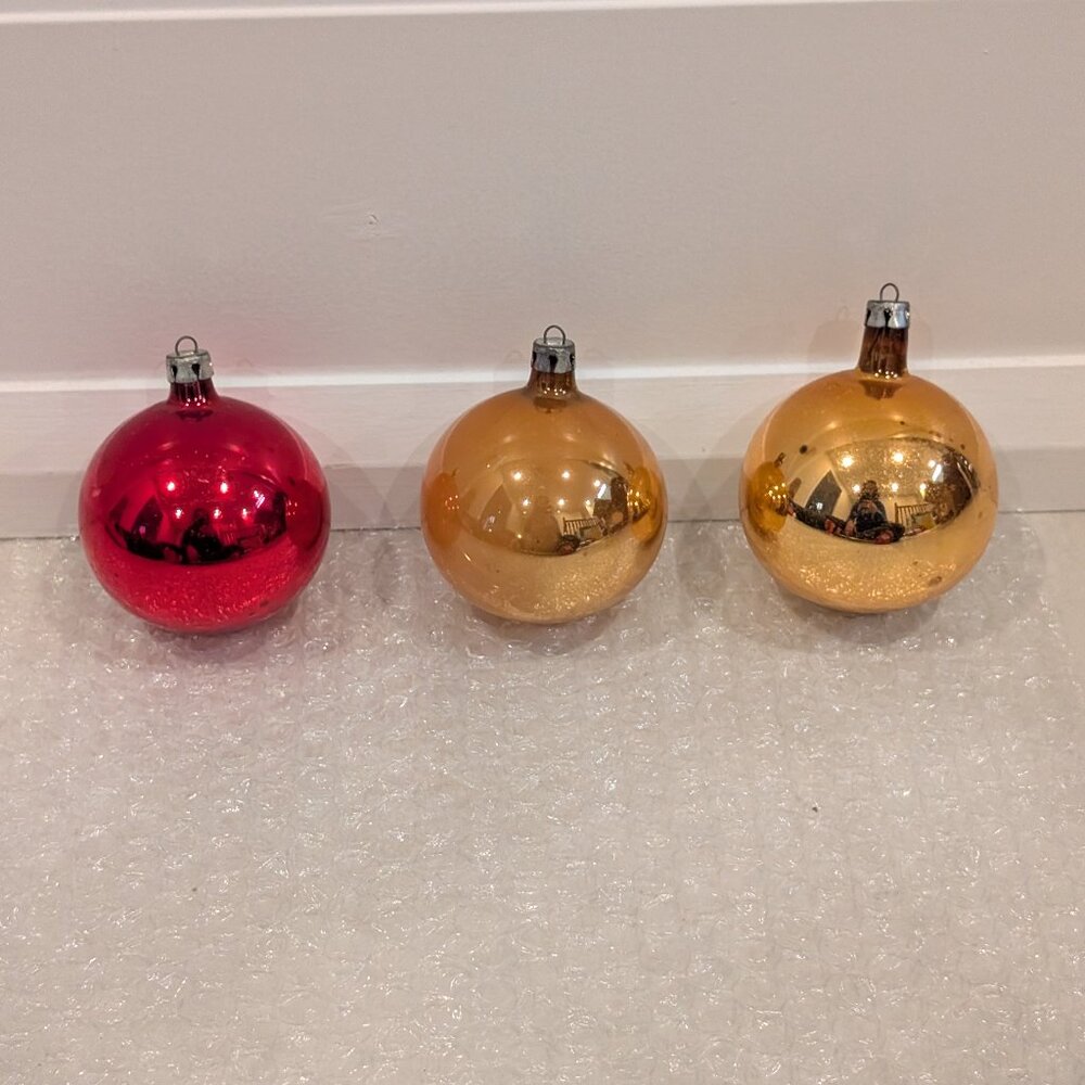 3 Red & Gold Vintage Polish Mercury Glass Round Ornament